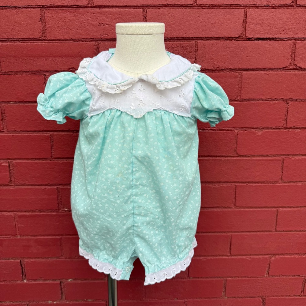 Vtg Bubble Romper‎ Lace Collar Ruffle Baby 12 M Mint Floral Sleeve Snap Crotch